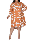 Printed Lapel Long Sleeves Irregular Hem Ladies Shirt Dress L-5XL