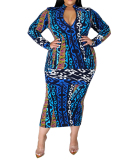 Lady Featured Irregular Printed Long Sleeve Slim Ladies Midi Dress L-5XL