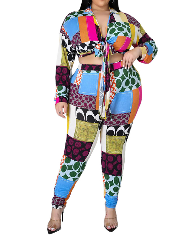 Ladies Large Size Irregular Printed Bandage Close-fitting Fashion Casual Set L-5XL