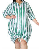 Sexy Lapel Stripe Printed Loose Large Size Long Dress L-5XL