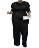Lady Fashion Solid Color Long-Sleeved Trousers Plus Size Two-Piece Set XL-5XL