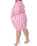 Sexy Lapel Stripe Printed Loose Large Size Long Dress L-5XL