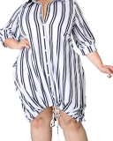 Sexy Lapel Stripe Printed Loose Large Size Long Dress L-5XL