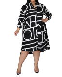 Printed Lapel Long Sleeves Irregular Hem Ladies Shirt Dress L-5XL