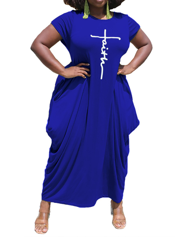 Women's Solid Color Round Neck Short Sleeve Irregular Hem Dress L-5XL