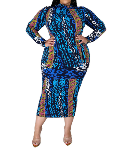 Lady Featured Irregular Printed Long Sleeve Slim Ladies Midi Dress L-5XL