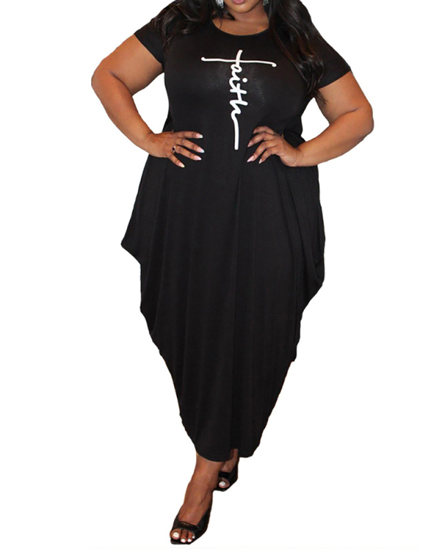 Women's Solid Color Round Neck Short Sleeve Irregular Hem Dress L-5XL