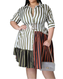 Plus Size Lady's Printed Multicolor Stitching Shirt Dress L-5XL