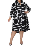 Printed Lapel Long Sleeves Irregular Hem Ladies Shirt Dress L-5XL