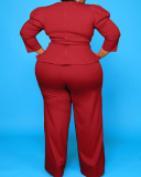 Lady Fashion Solid Color Long-Sleeved Trousers Plus Size Two-Piece Set XL-5XL