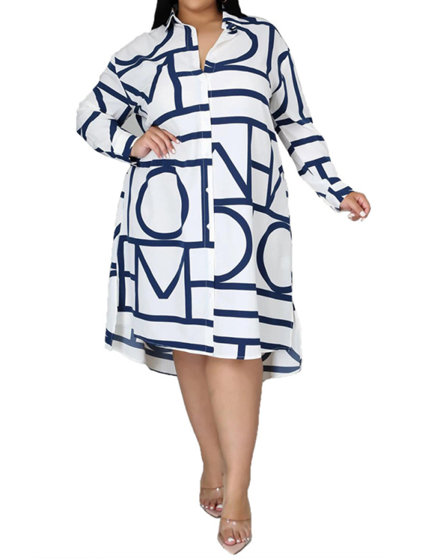 Printed Lapel Long Sleeves Irregular Hem Ladies Shirt Dress L-5XL