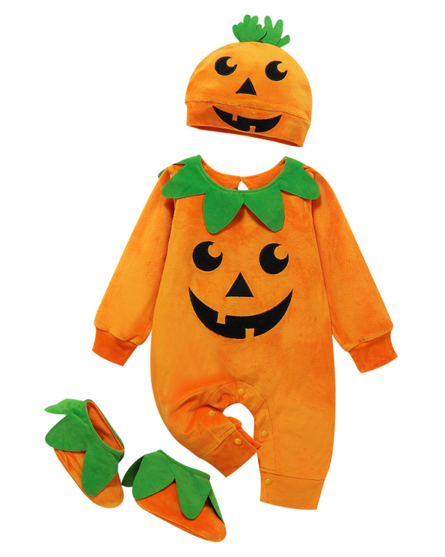 Halloween New Baby One-Piece Cute Pumpkin Long-Sleeved Romper Three-Piece Set