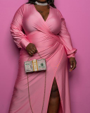 Women's Plus Size Deep V Slit Lantern Sleeve Pleated Dress Solid Color XL-5XL