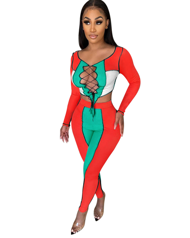 Long Sleeve Hollow Out Women Autumn Winter Two Piece Pant Set S-XXL