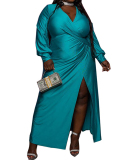 Women's Plus Size Deep V Slit Lantern Sleeve Pleated Dress Solid Color XL-5XL