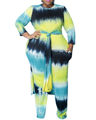 Plus Size Women's Sexy Long-sleeved Split Fashion Smock Blouse Pants Two-piece Suit XL-5XL