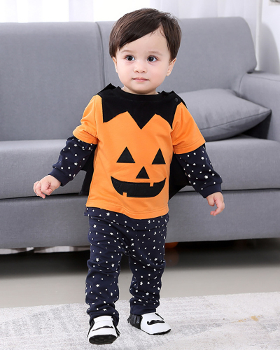 Children's Halloween Pumpkin Infant and Toddler Long Sleeve Trousers Hat Four-Piece Set