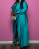 Women's Plus Size Deep V Slit Lantern Sleeve Pleated Dress Solid Color XL-5XL