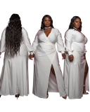 Women's Plus Size Deep V Slit Lantern Sleeve Pleated Dress Solid Color XL-5XL