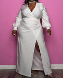 Women's Plus Size Deep V Slit Lantern Sleeve Pleated Dress Solid Color XL-5XL