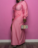 Women's Plus Size Deep V Slit Lantern Sleeve Pleated Dress Solid Color XL-5XL