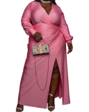 Women's Plus Size Deep V Slit Lantern Sleeve Pleated Dress Solid Color XL-5XL