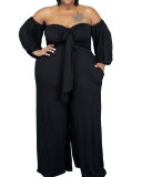 Plus Size Sexy Strapless Top Solid Color Wide Leg Pants Jumpsuit L-4XL