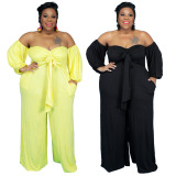 Plus Size Sexy Strapless Top Solid Color Wide Leg Pants Jumpsuit L-4XL