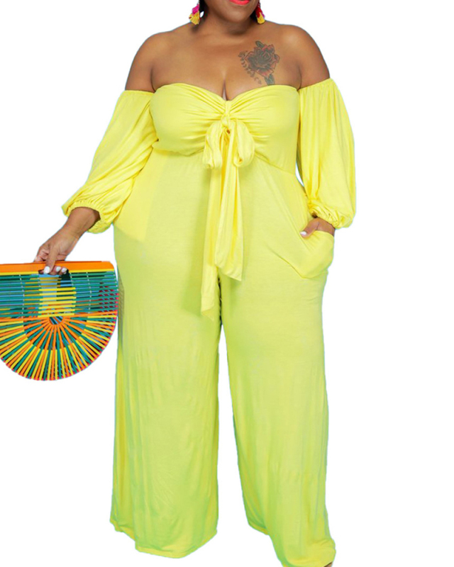 Plus Size Sexy Strapless Top Solid Color Wide Leg Pants Jumpsuit L-4XL