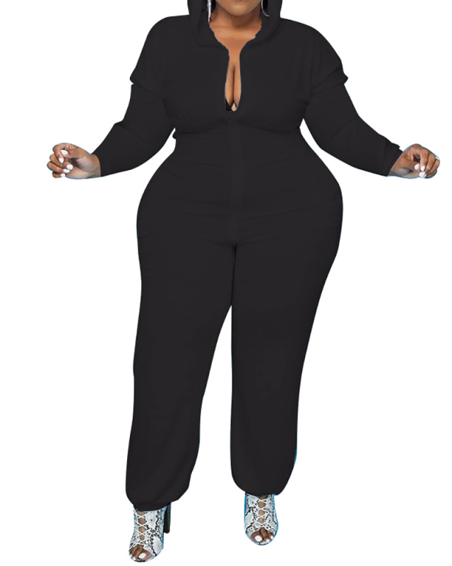 Women's Solid Color Bat Shirt Pocket Zipper Jumpsuit Multi Color XL-5XL
