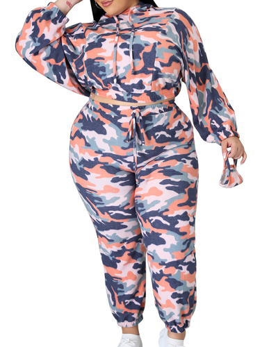 Plus Size Camouflage Print Lace-up Sexy Urban Fashion Casual Two-piece Suit L-4XL