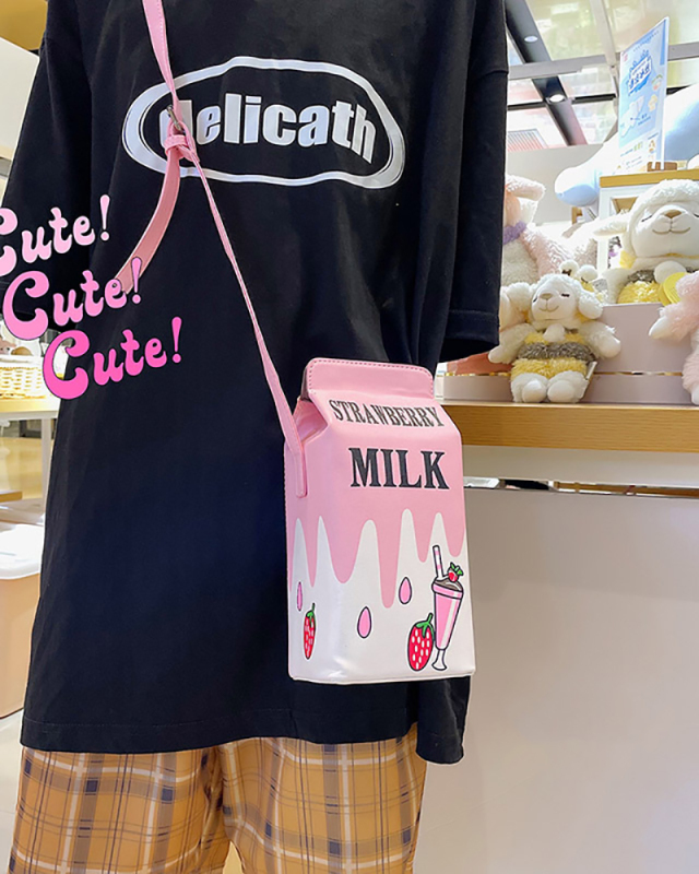 Female Fashion Creative Funny Small Fresh Lemon Strawberry Fruit Milk Box Messenger Bag
