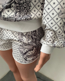 Pattern Printed Multi Color O-neck Casual Sports Two-piece Shorts Suit S-2XL