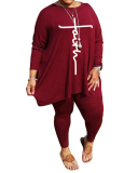 Women's Plus Size Round Neck Loose Long Sleeve Printed Two-Piece Set L-5XL