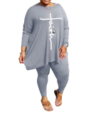 Women's Plus Size Round Neck Loose Long Sleeve Printed Two-Piece Set L-5XL