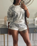 Pattern Printed Multi Color O-neck Casual Sports Two-piece Shorts Suit S-2XL