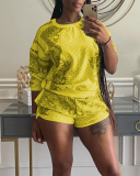 Pattern Printed Multi Color O-neck Casual Sports Two-piece Shorts Suit S-2XL