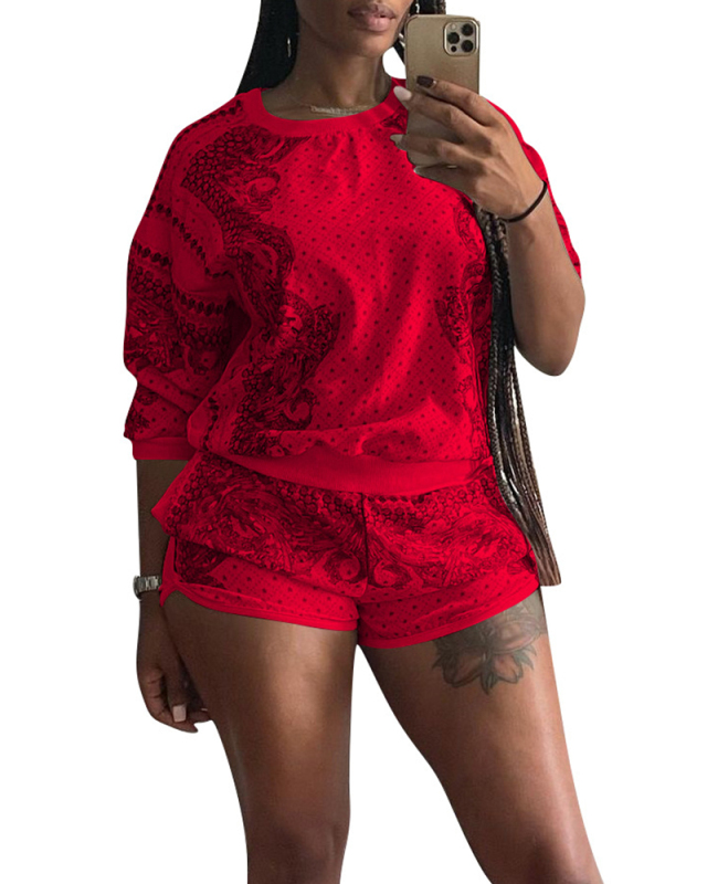 Pattern Printed Multi Color O-neck Casual Sports Two-piece Shorts Suit S-2XL