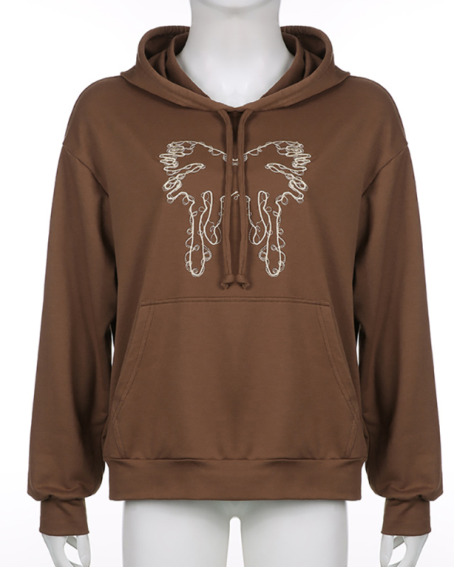 Hooded Loose Pullover Casual Sports Butterfly Embroidered Top Brown S-L