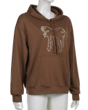 Hooded Loose Pullover Casual Sports Butterfly Embroidered Top Brown S-L
