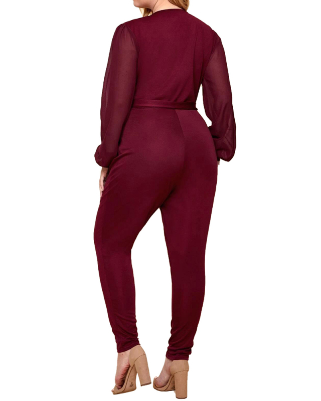 Hot Sale Women Plus Size Solid Color V-Neck Long Sleeve Jumpsuit Wine Red L-4XL