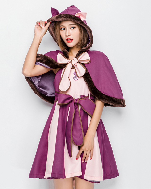 Alice in Wonderland Character Purple Grinning Kitty Fairy Tale Character Cat Cosplay Smiley Cat  Adult Halloween Costume Purple