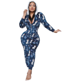 Women fall Christmas Cartoon Print Jumpsuit Bodysuit Front Zipper Long Sleeve Fitness Jumpsuits Hooded Homewear Playsuit