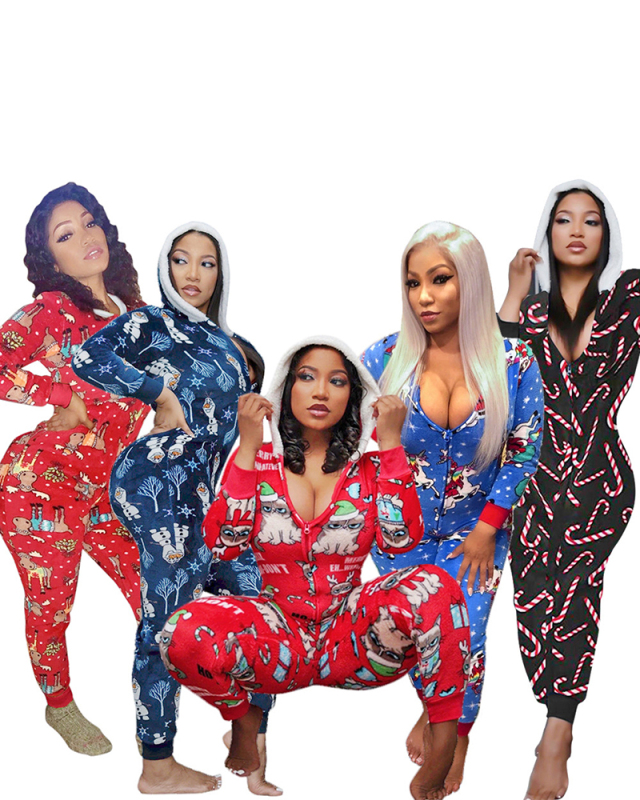 Women fall Christmas Cartoon Print Jumpsuit Bodysuit Front Zipper Long Sleeve Fitness Jumpsuits Hooded Homewear Playsuit