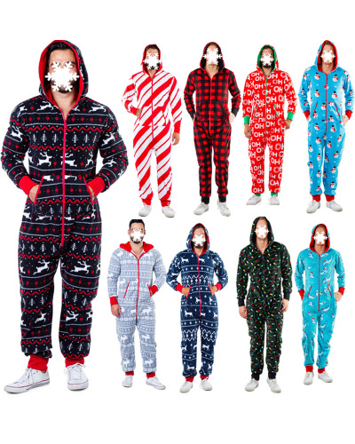 Christmas Men's One Piece Suit Pattern Zipper Long Sleeves Hoodie Jumpsuit With Pocket Christmas Role Play Pajamas