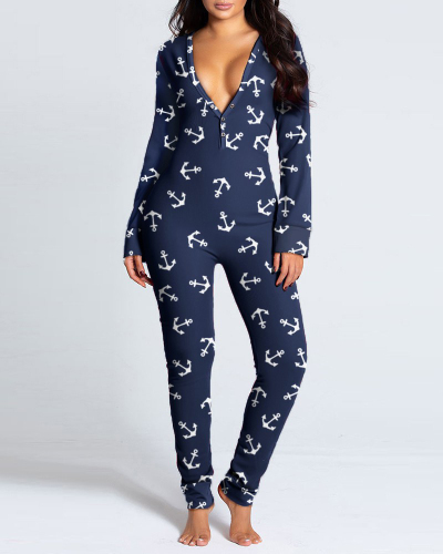 Women Wholesale Christmas Print Sexy Button Hip Long Sleeve Sleepwear Jumpsuit S-XL