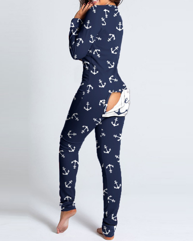 Women Wholesale Christmas Print Sexy Button Hip Long Sleeve Sleepwear Jumpsuit S-XL