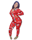 Women fall Christmas Cartoon Print Jumpsuit Bodysuit Front Zipper Long Sleeve Fitness Jumpsuits Hooded Homewear Playsuit
