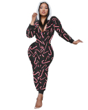 Women fall Christmas Cartoon Print Jumpsuit Bodysuit Front Zipper Long Sleeve Fitness Jumpsuits Hooded Homewear Playsuit