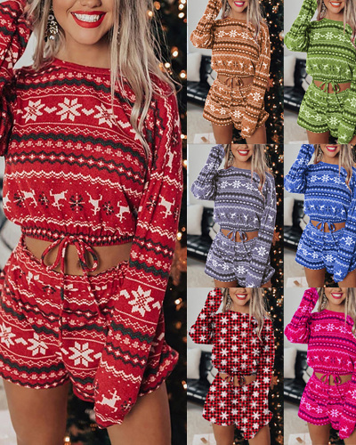 New Women Christmas Pajama Sets Long Sleeve Crop Top Shorts 2Pcs Xmas Snowflake Print Knit Fall Homewear S-XXL